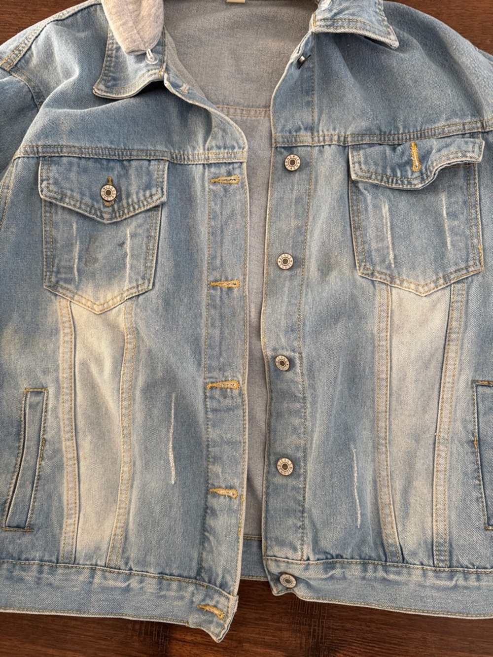 Light Wash Denim Jacket with Attached Gray Hood - Picture 3 of 7